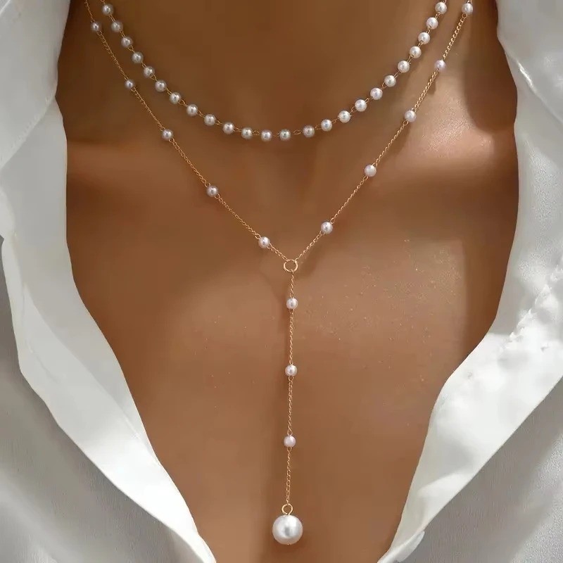 Layered Pearl Necklace Women Gold Y Lariat Choker Dainty Beaded Pendant Jewelry-