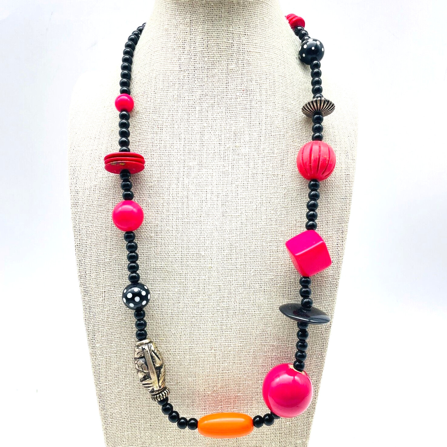 Beaded Station Necklace Black Pink White Orange Silver Tone Chunky Boho Festival