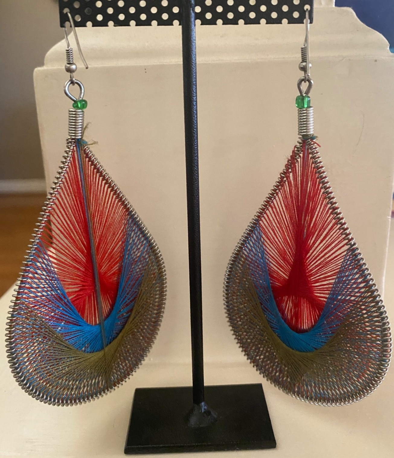 Vintage String Art Peacock Hand Woven Teardrop Earrings Red Blue Green Jewelry