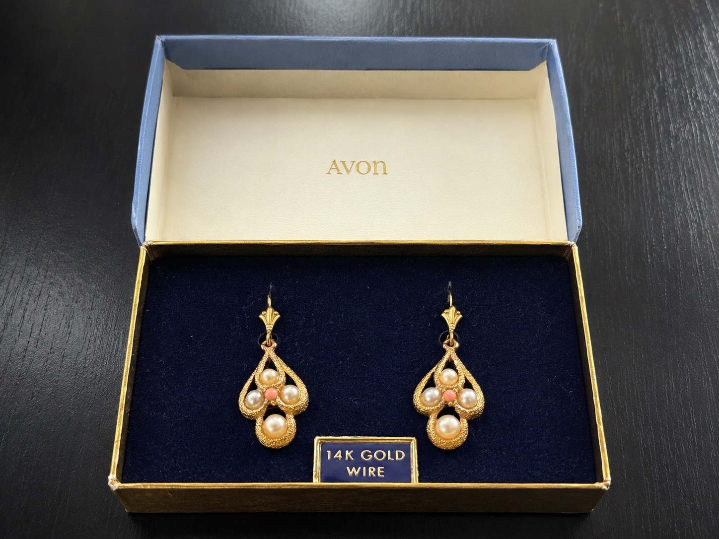 Vintage Avon Faux Pearl Dangle Earrings 14K Gold Wire Posts w/ Original Box