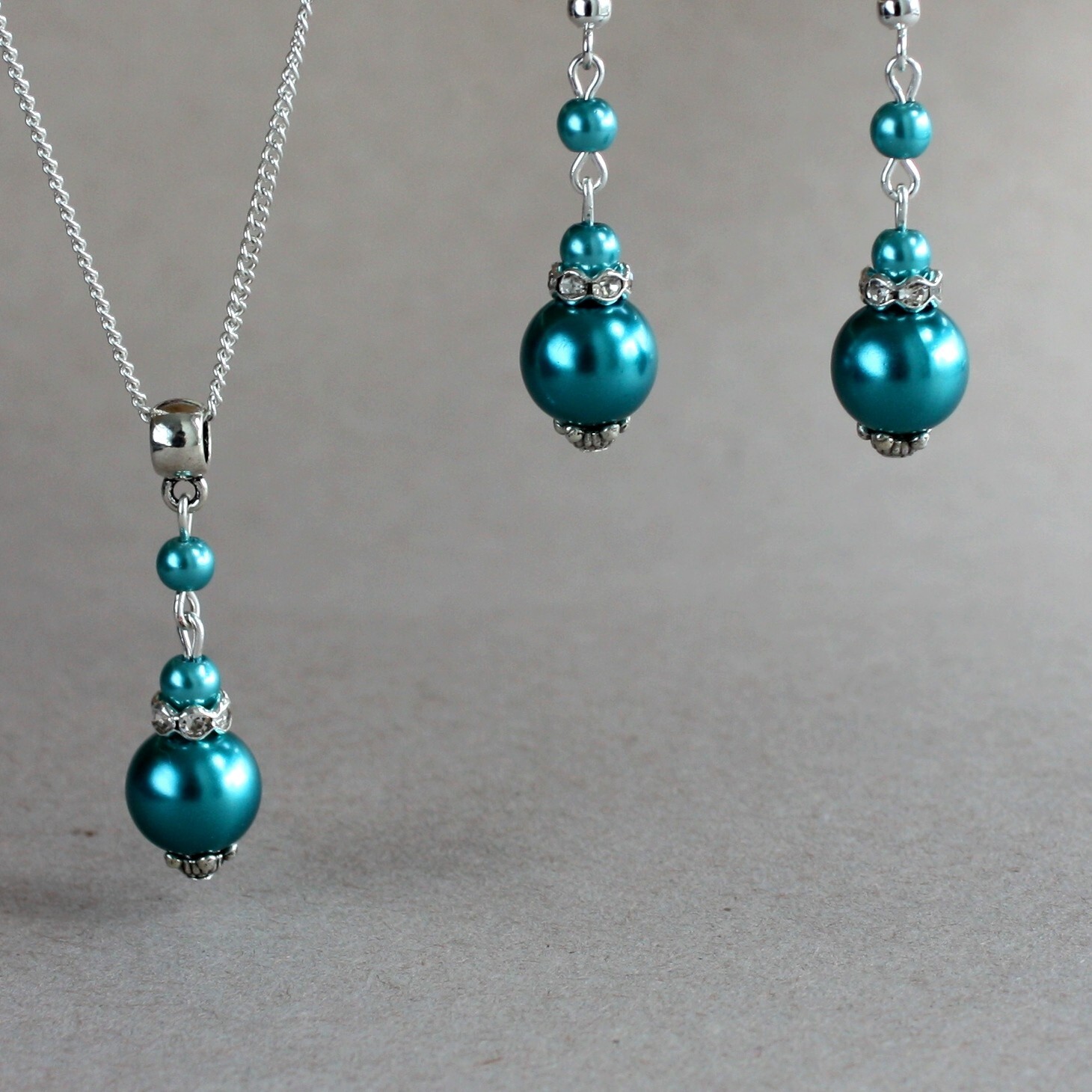 Teal green blue pearls silver rhinestones necklace earrings wedding jewelry set