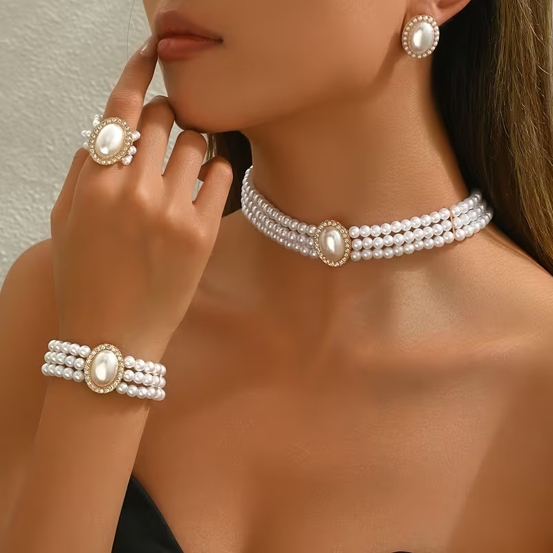 White Pearl Jewellery Set Necklace Bracelet Earrings Bridal Wedding Women Gift