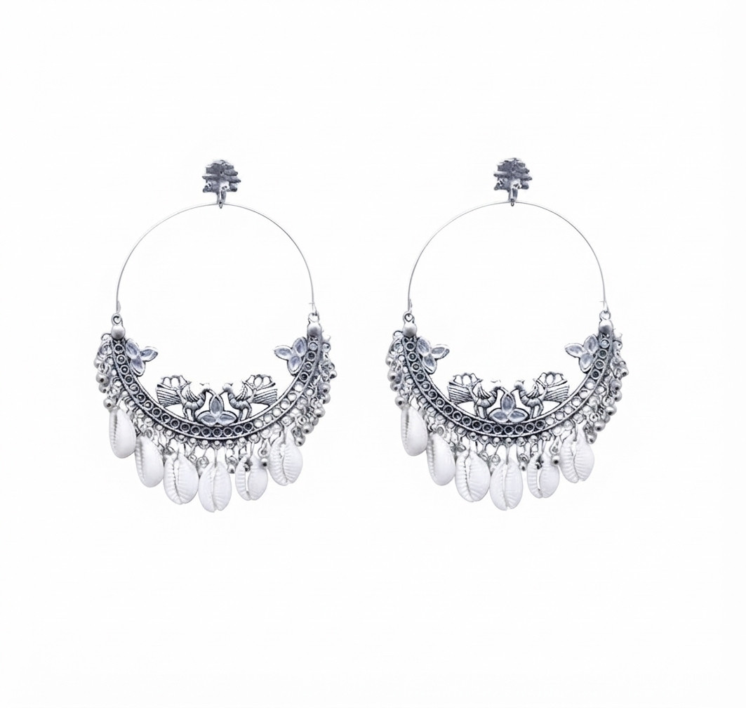 Nityakshi Oxidized Silver Traditional Indian Shell Chandbali Earrings / Jhumka