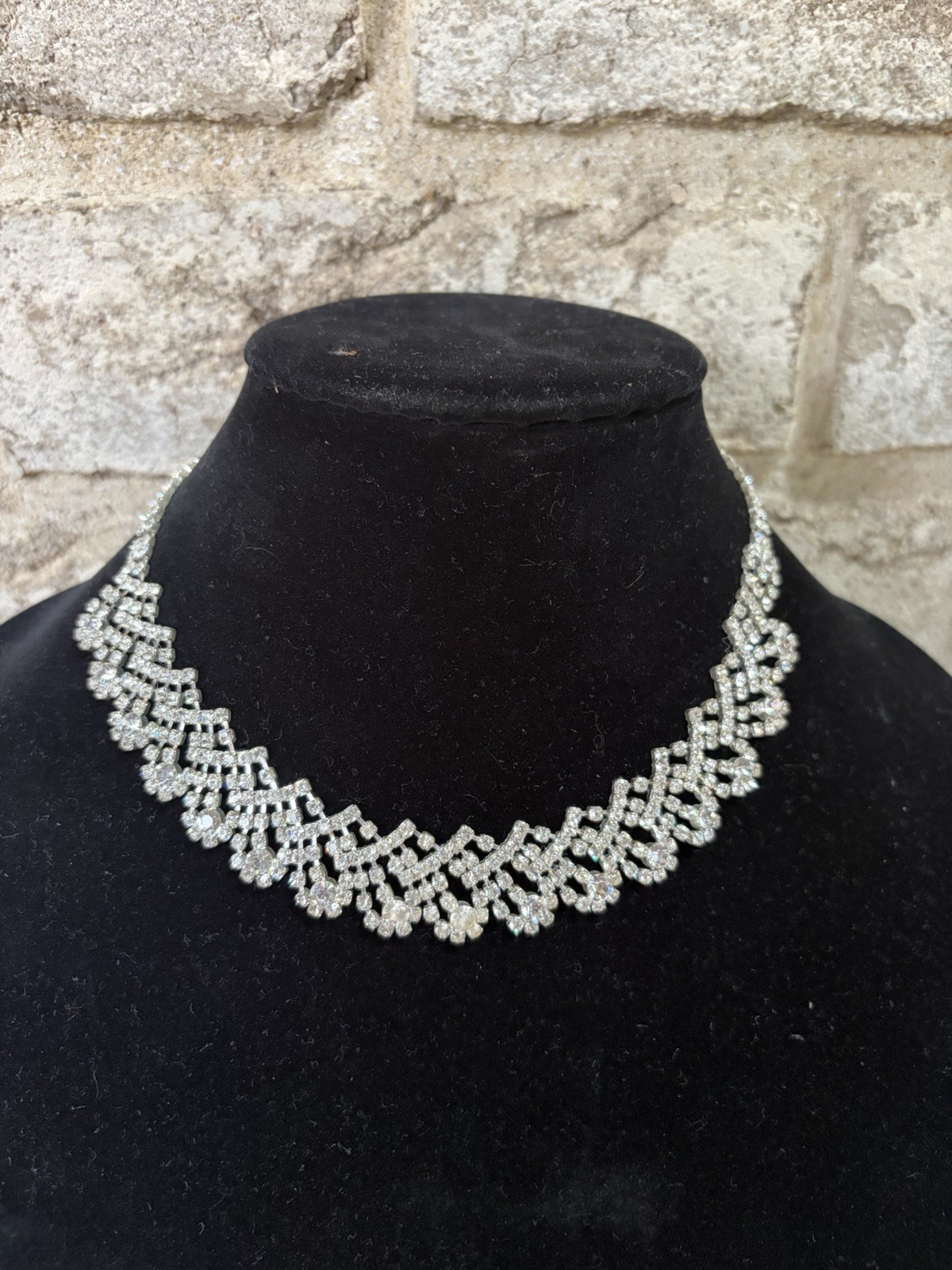 Vintage Rhinestone Bib Necklace Silver Tone Bridal Prom Statement Adjustable