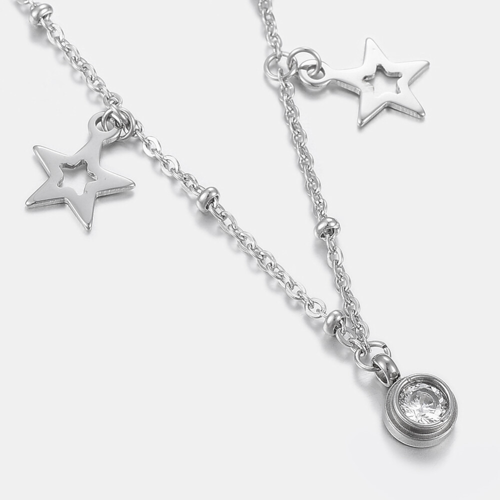 Stainless Steel Charms Bracelet Cubic Zirconia Lobster Star Clear 7.8″ Z109