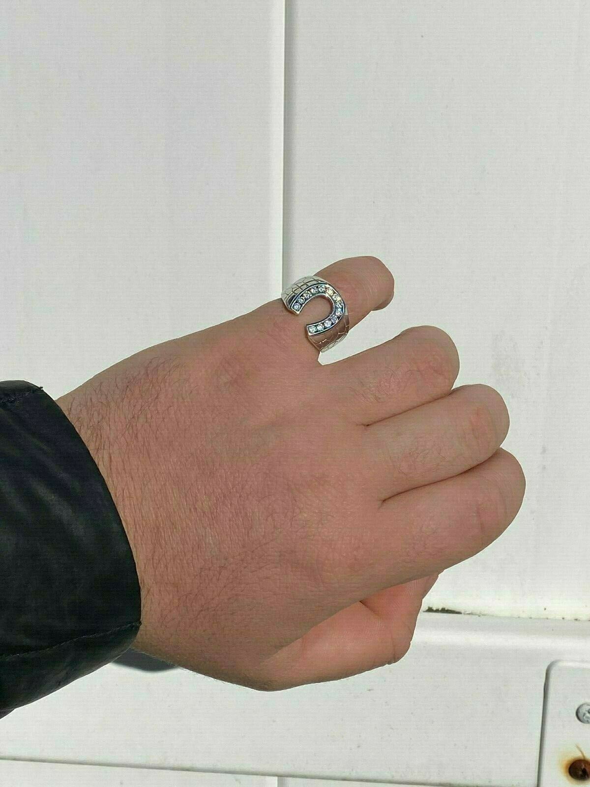 Men’s Real Solid 925 Sterling Silver Lucky Horseshoe Ring Iced CZ Hip Hip Pinky