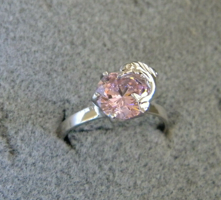 Girl’s Lady’s Women’s Rhodium Plated Dolphin Ring Round Pink 6mm CZ Size 7