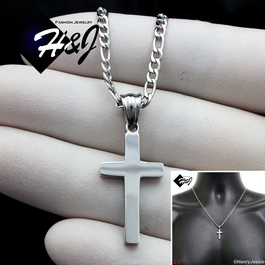 20″MEN Stainless Steel 2mm Silver Figaro Chain Necklace Small Cross Pendant*P67
