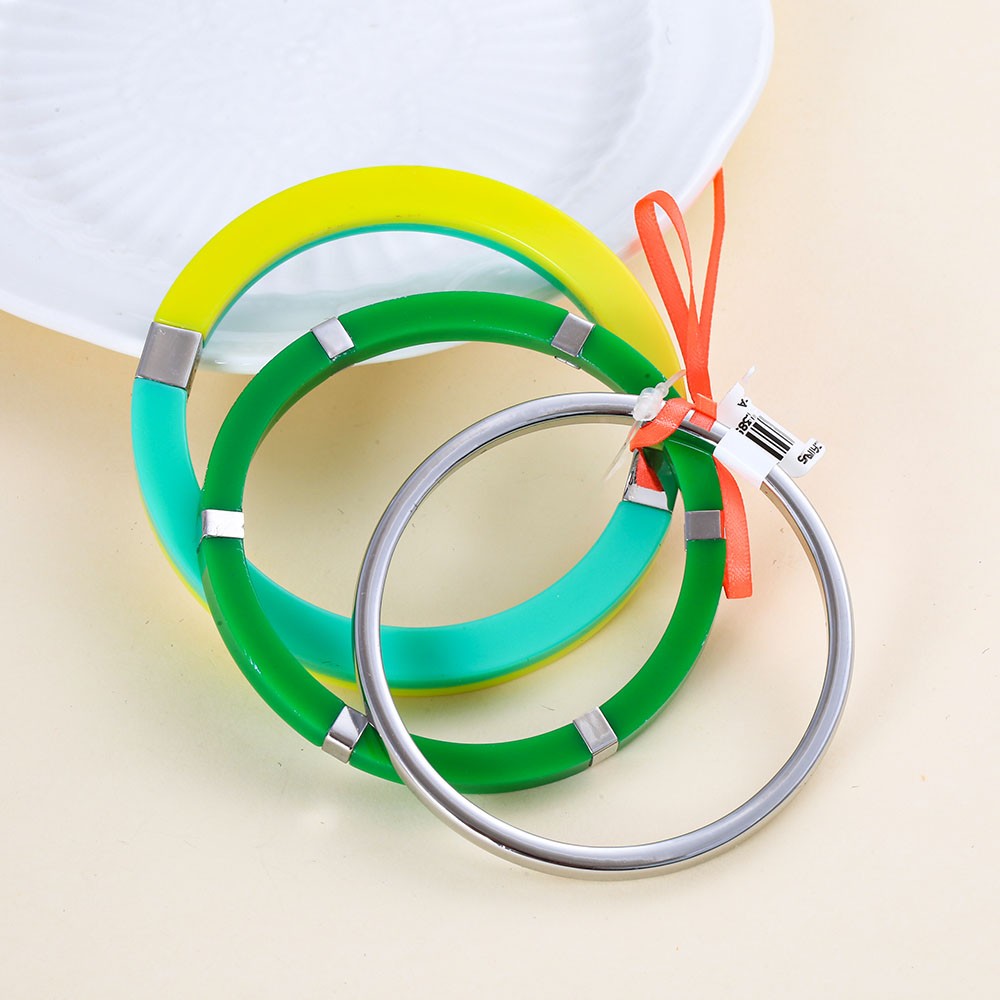 Summer Vibrant Color Resin Bangle Bracelet Set Metal Spliced Bangles Jewelry