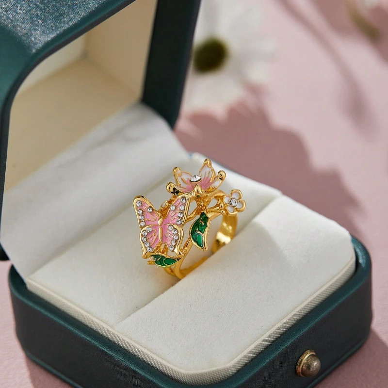 Flower Butterfly Ring Metallic Black Color Rhinestone Adjustable Open Band
