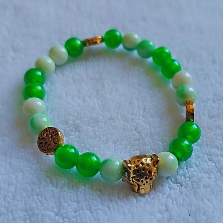 Green & White Round Beaded Bracelet, Gold Tiger Charm