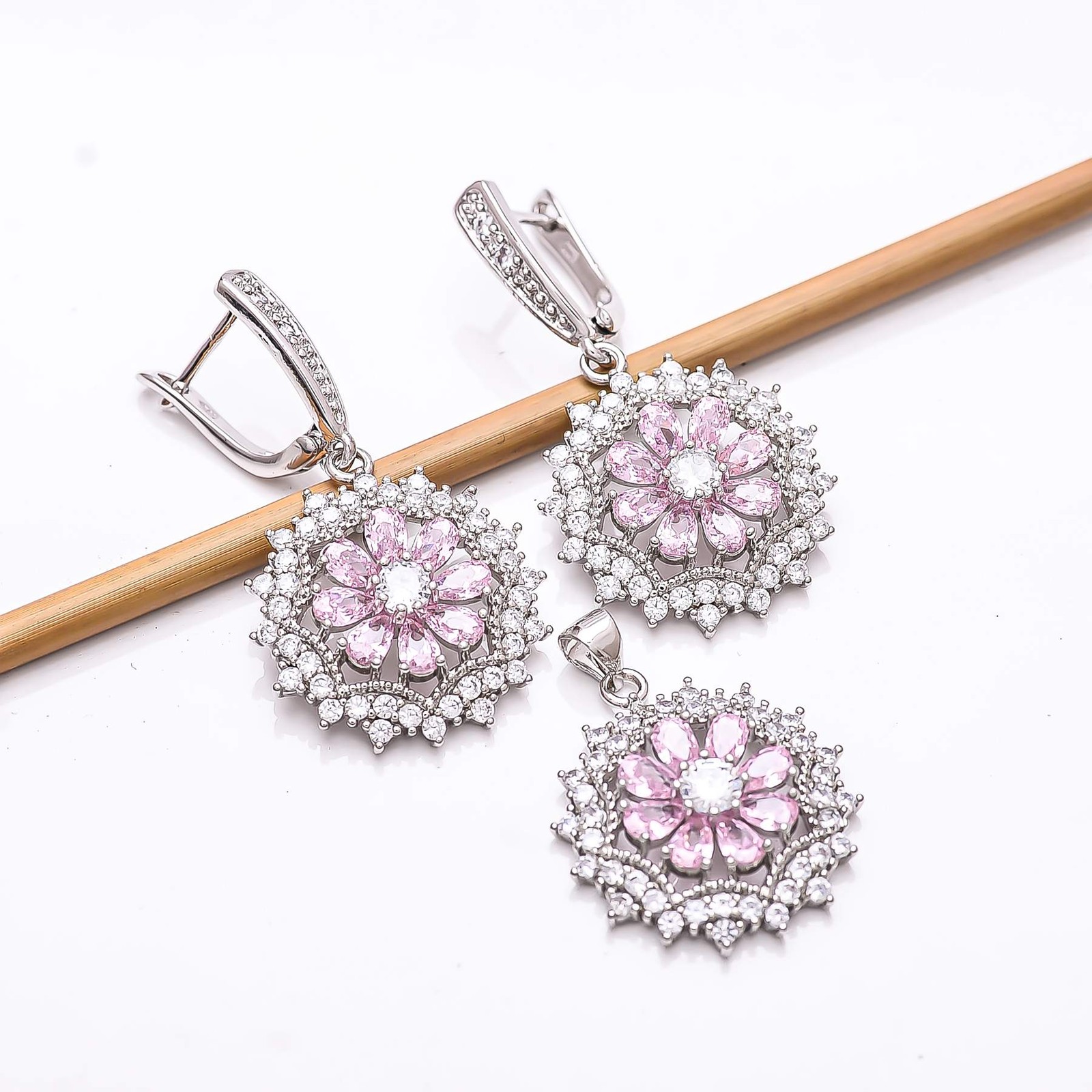 Pink Sapphire – Simulated & CZ 925 Silver Handmade Flower Pendant Set PS84