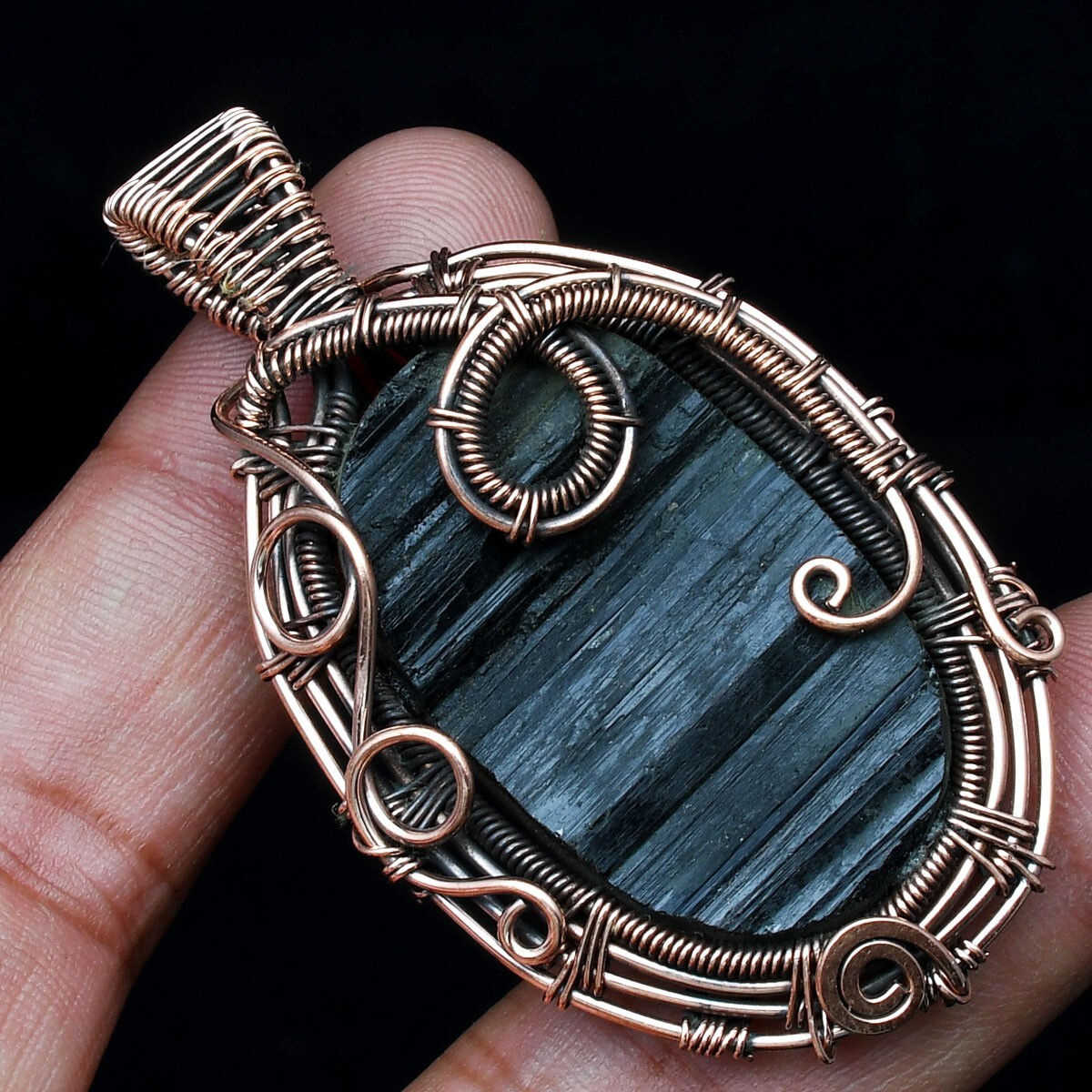 Beautiful Black Tourmaline Gemstone Handmade Copper Wire Pendant Jewelry CCP 043