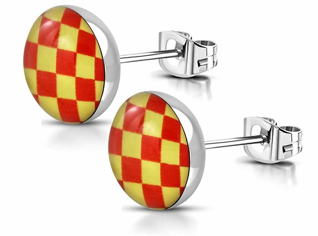 7mm Stainless Steel with Acrylic Red Yellow Checker Round Circle Stud Earrings