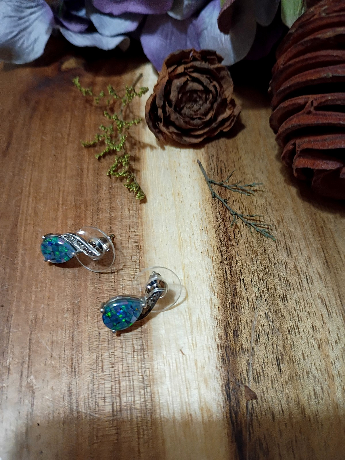 Vintage Mosaic Fire Opal Teardrop & Rhinestone 925 STS Post Earrings