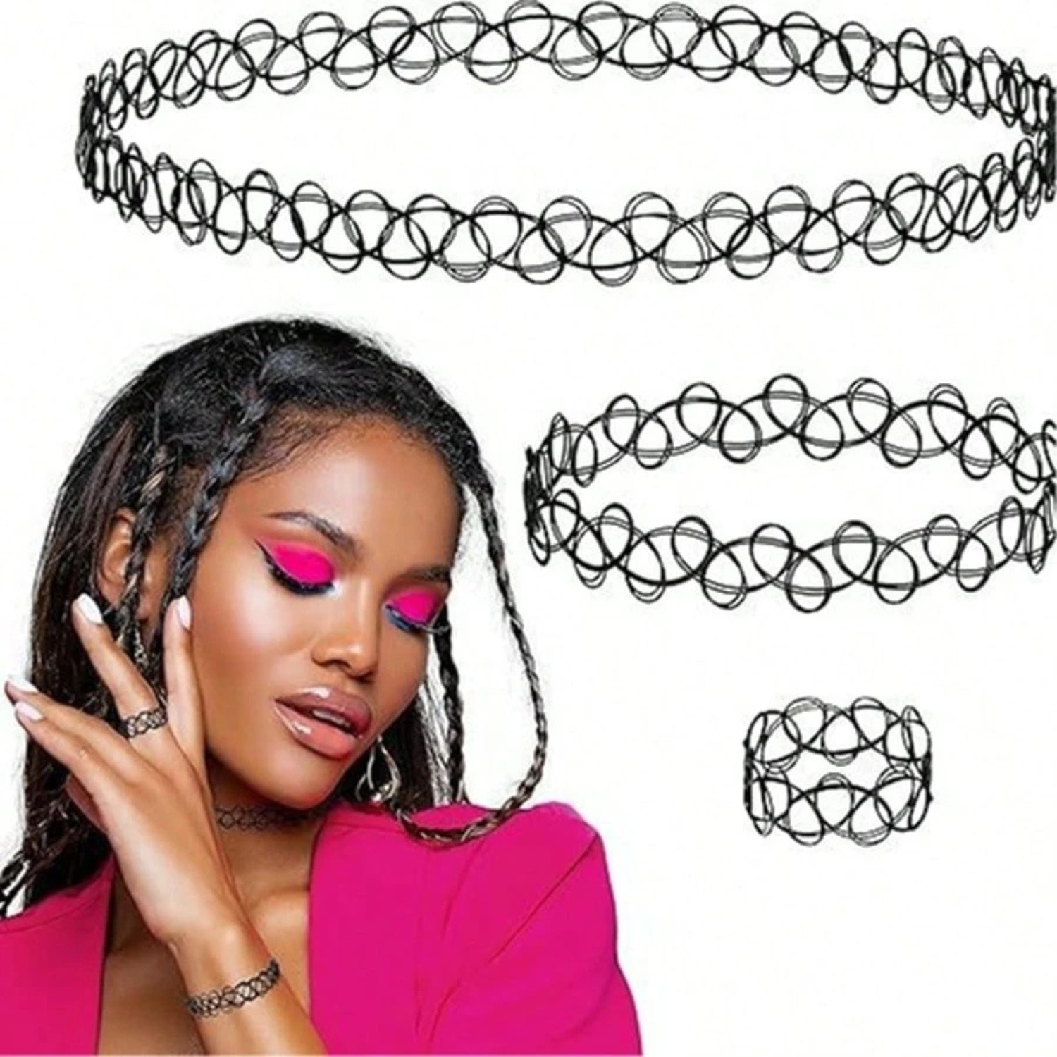 12 Pcs 90s Tattoo Choker Necklace Set Stretch Gothic Black Lace Elastic Vintage