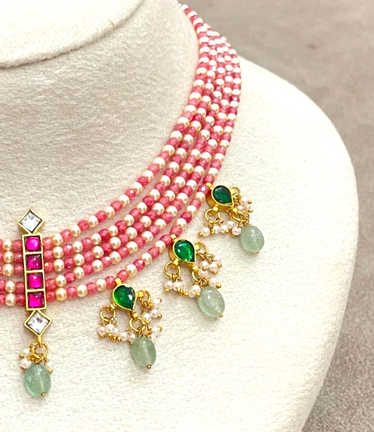 CZ pearl choker necklace features multiple strands of pink beads