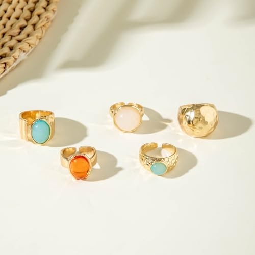 Chunky Gold Gemstone Ring Set for Women Adjustable Stackable Statement A-Gold