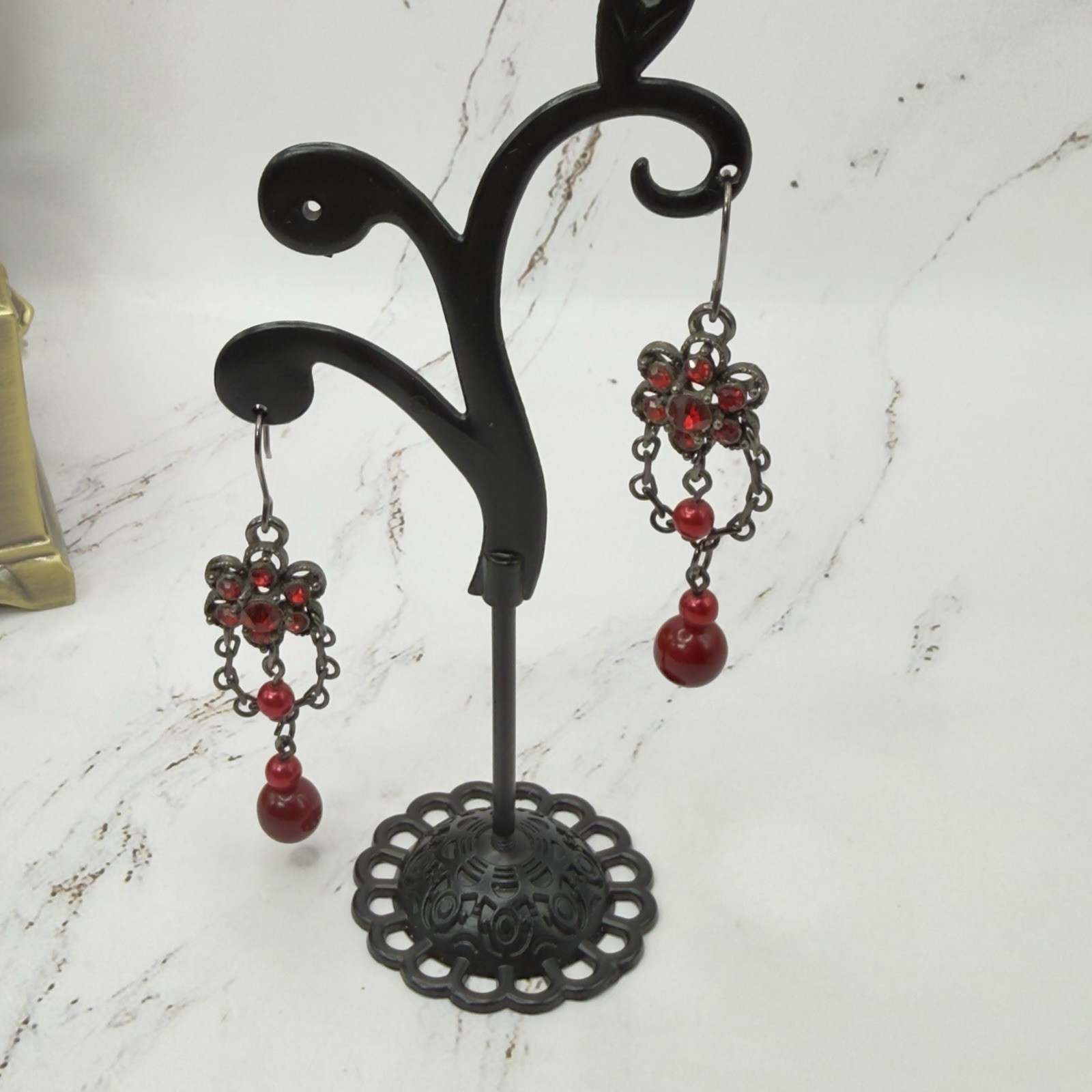 Vintage Inspired Red Rhinestone Filigree Chandelier Dangle Fashion Earrings