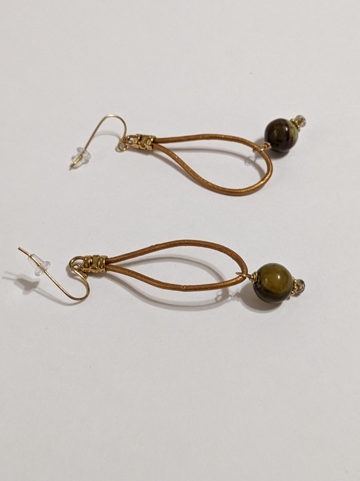 Gold Tone With Green & Brown Marbled Glass Beads Hook/Dangle Earrings. 2.5″.