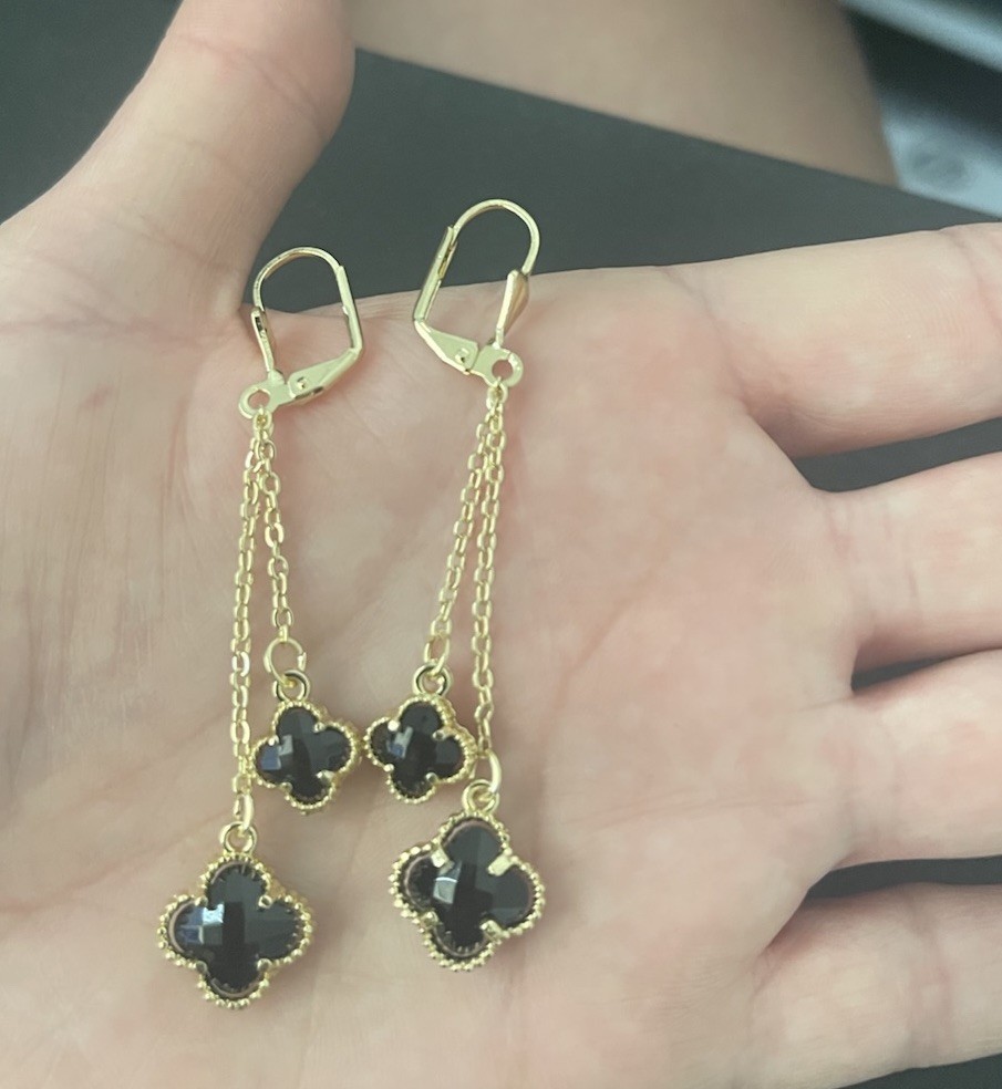Gold Tone Black Clover Dangle Drop Hook Earrings Metal No Stone