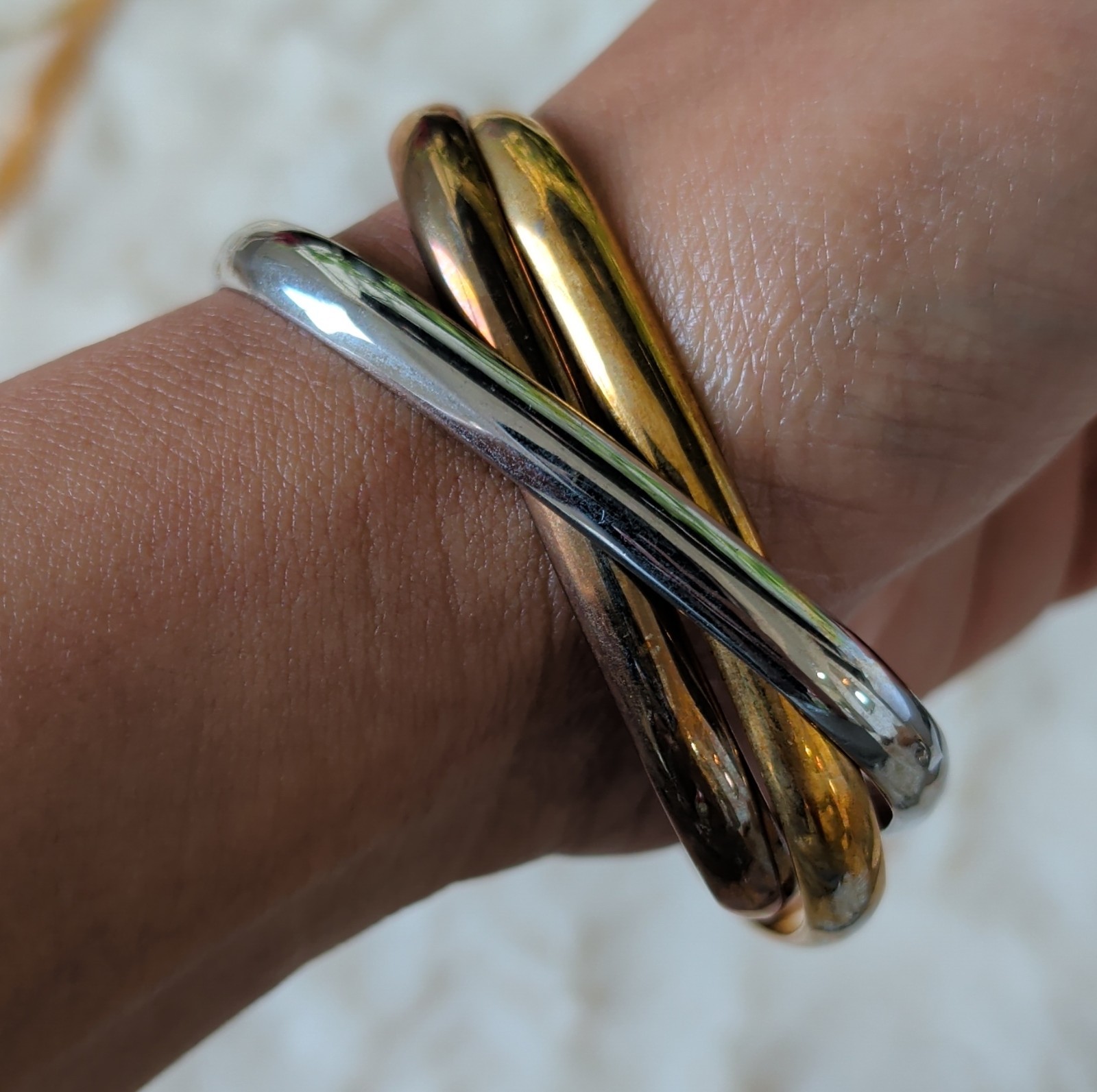 Asymmetrical Gold Silver Bronze Tone Metal Bangle Bracelet Set of 3, 8 inch