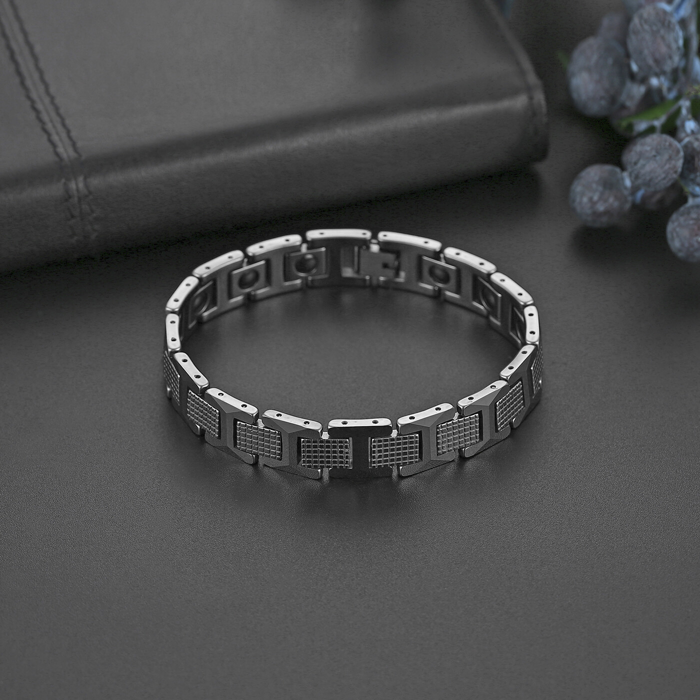 Mens Luxury Black Tungsten Carbide Bracelet Magnetic Stone Link Wrist 8.2″