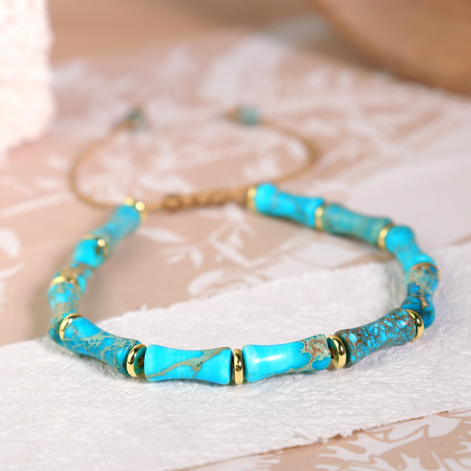 Blue Turquoise Tube Beads Gemstone Healing Inner Peace Reiki Women Men Bracelet