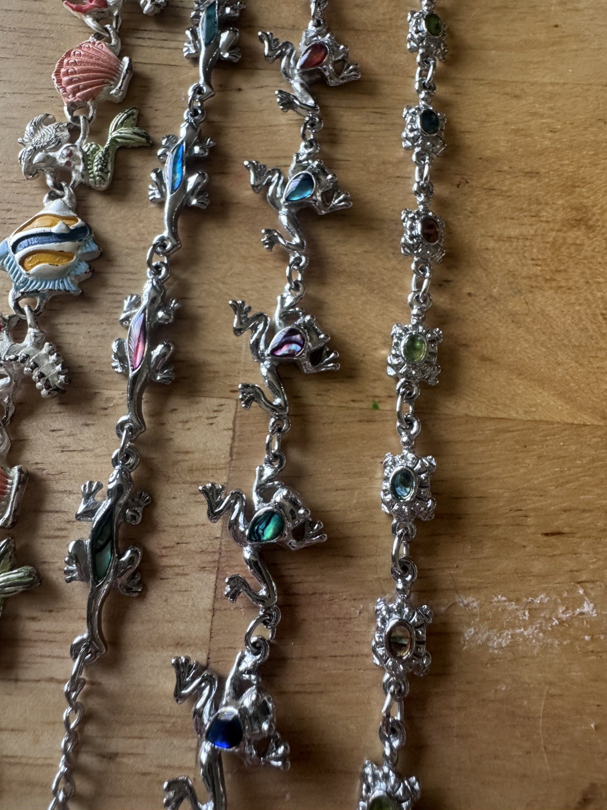 Turtle Lizard Frog Mermaid Bracelet Abalone Shell Silver Tone Link Coastal Beach
