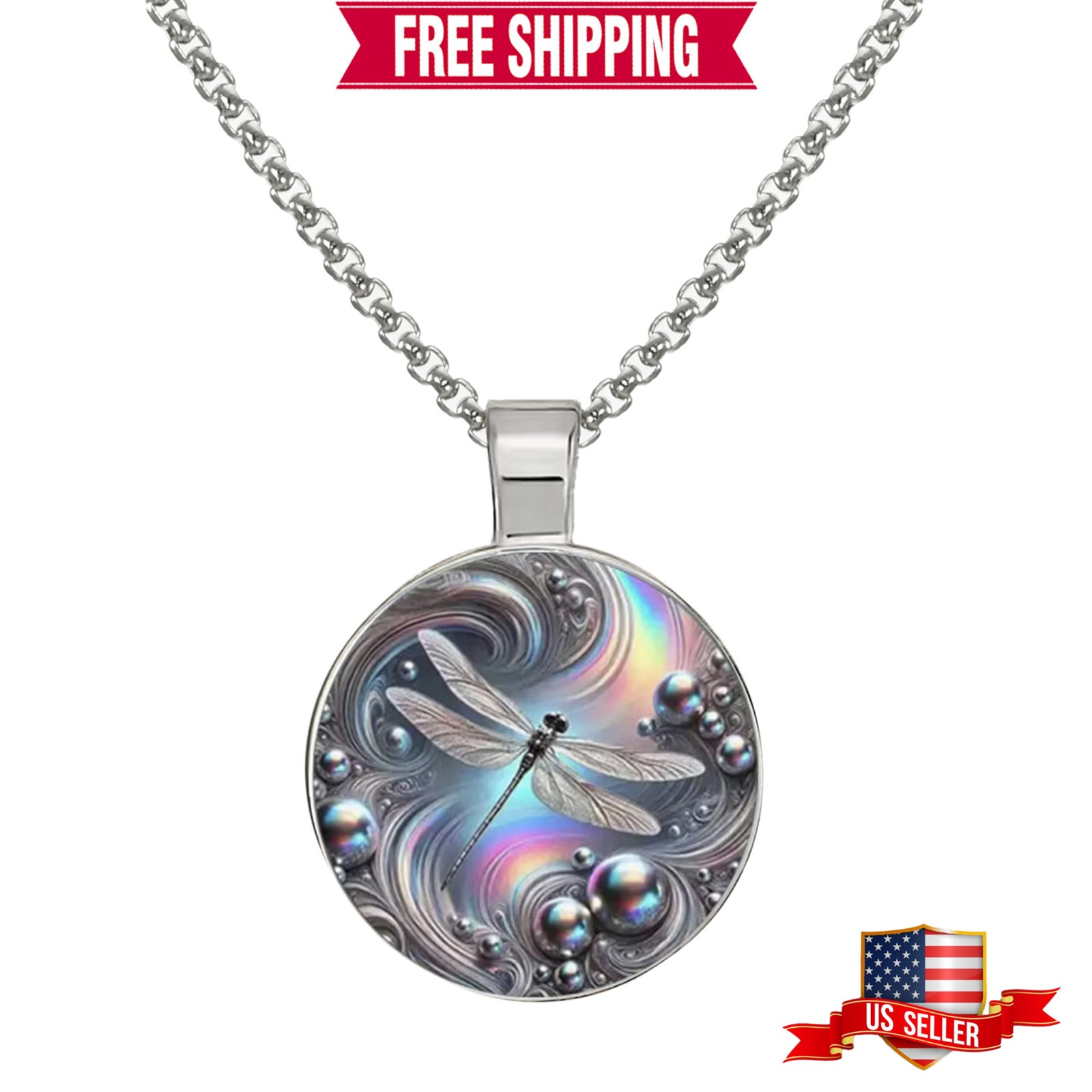 Intricate Blue 2-D Dragonfly Boho Pendant, Stainless Steel Necklace
