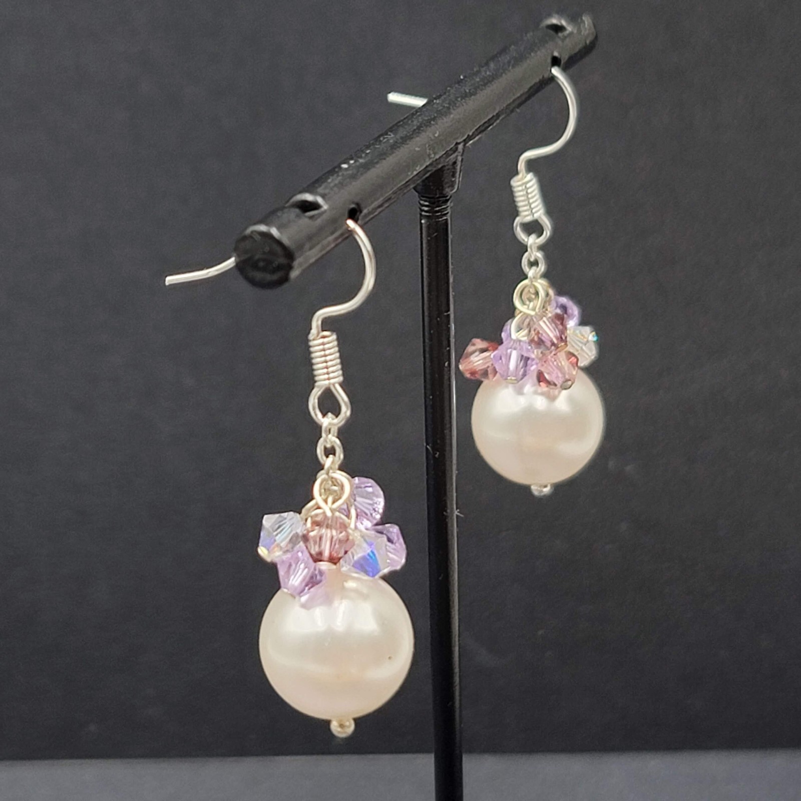 Pierced Earrings Purple Crystal Faux Pearl Beaded Dangle 1″