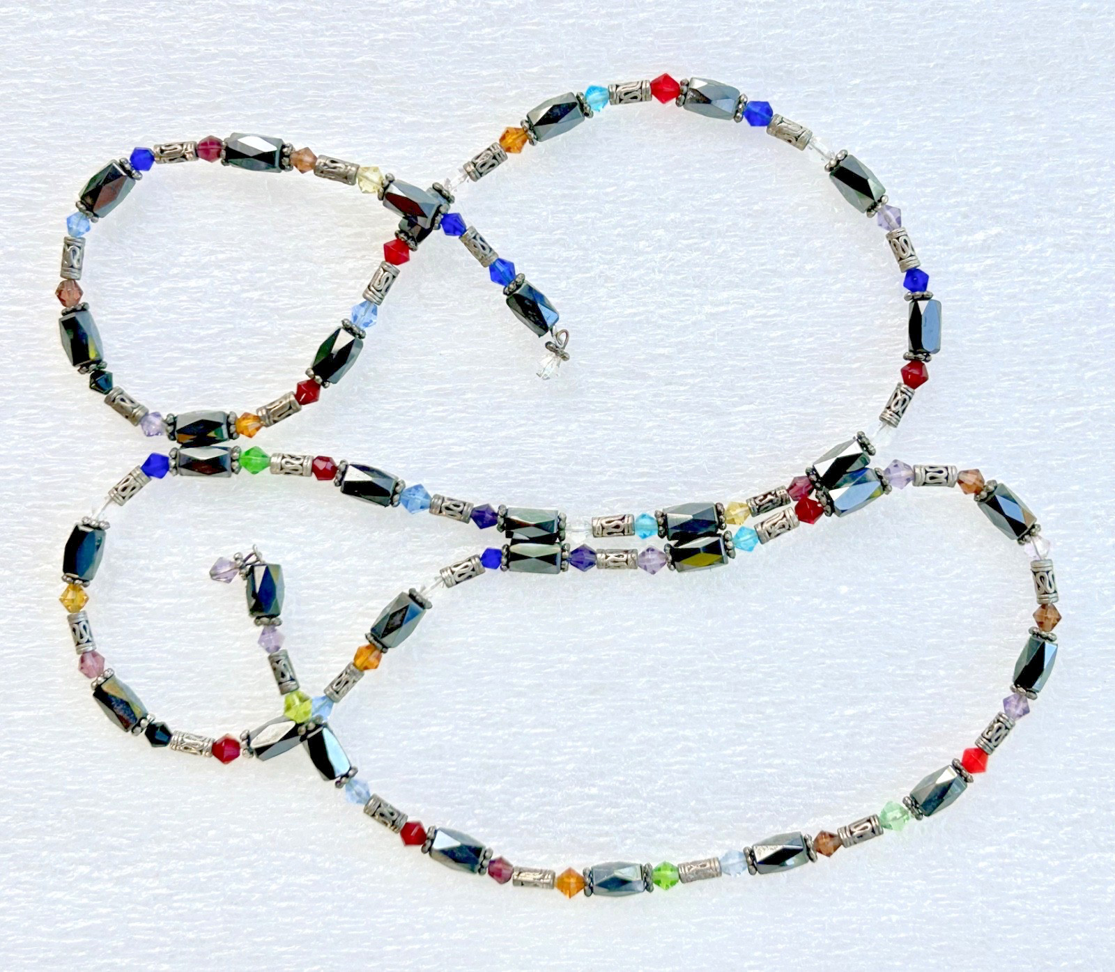VINTAGE COIL WRAP BRACELET MAGNETIC HEMATITE, MULTI-COLOR & SILVER TONE BEADS