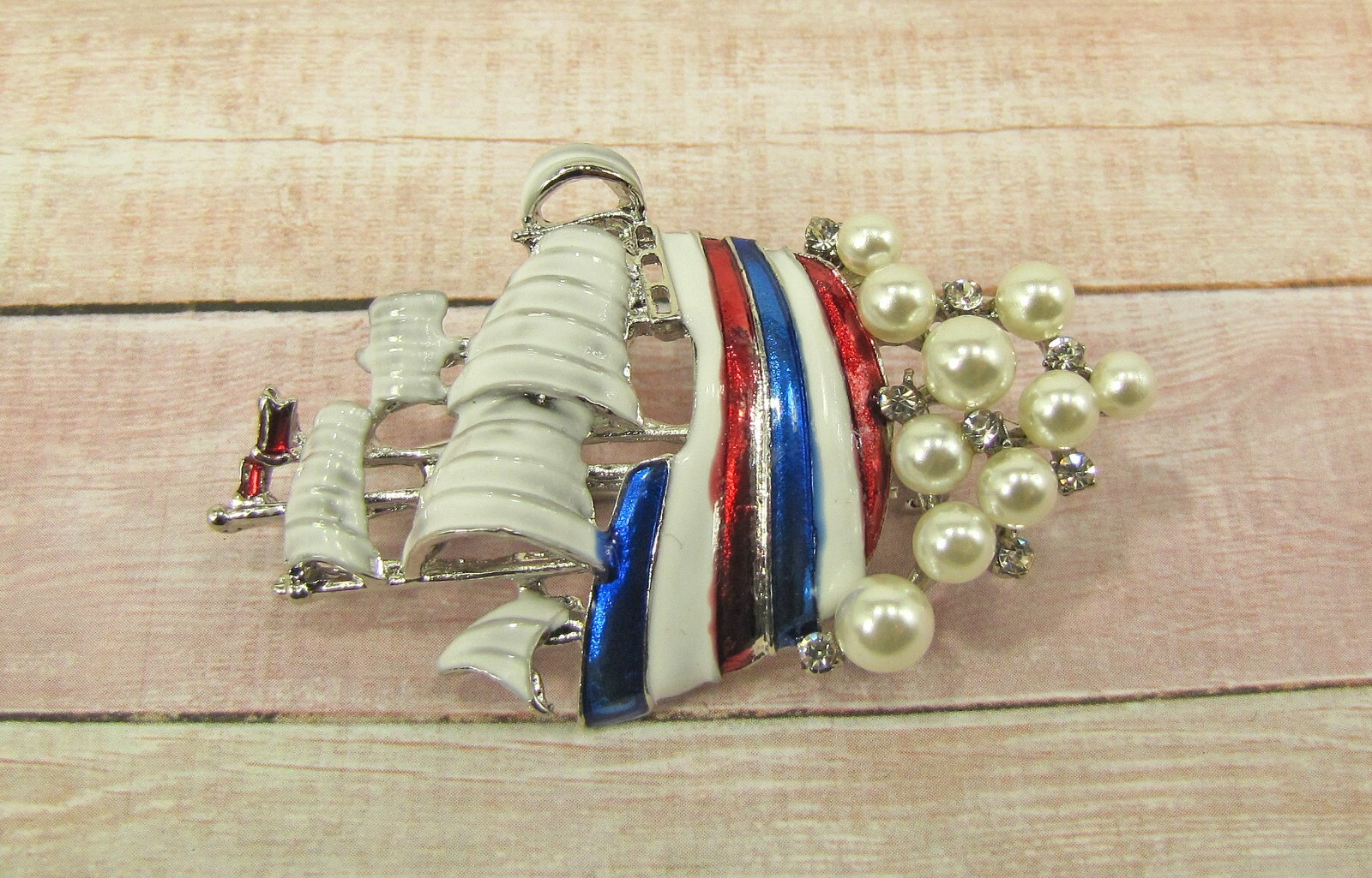Red, White, and Blue Sail Boat Pin Brooch with Pearls & Crystals USA fashion pin