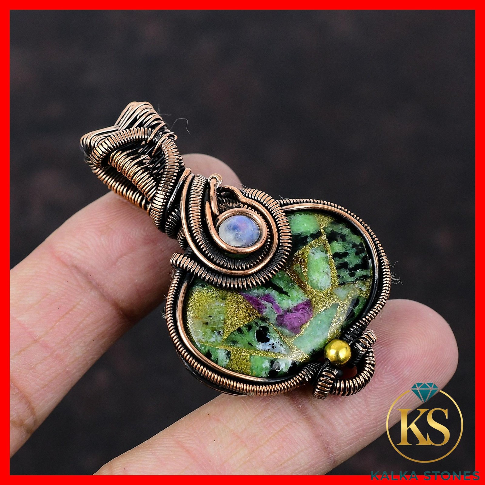 Copper Ruby Zoisite Stone Rainbow Moonstone Copper Sister Wire Wrapped Pendant