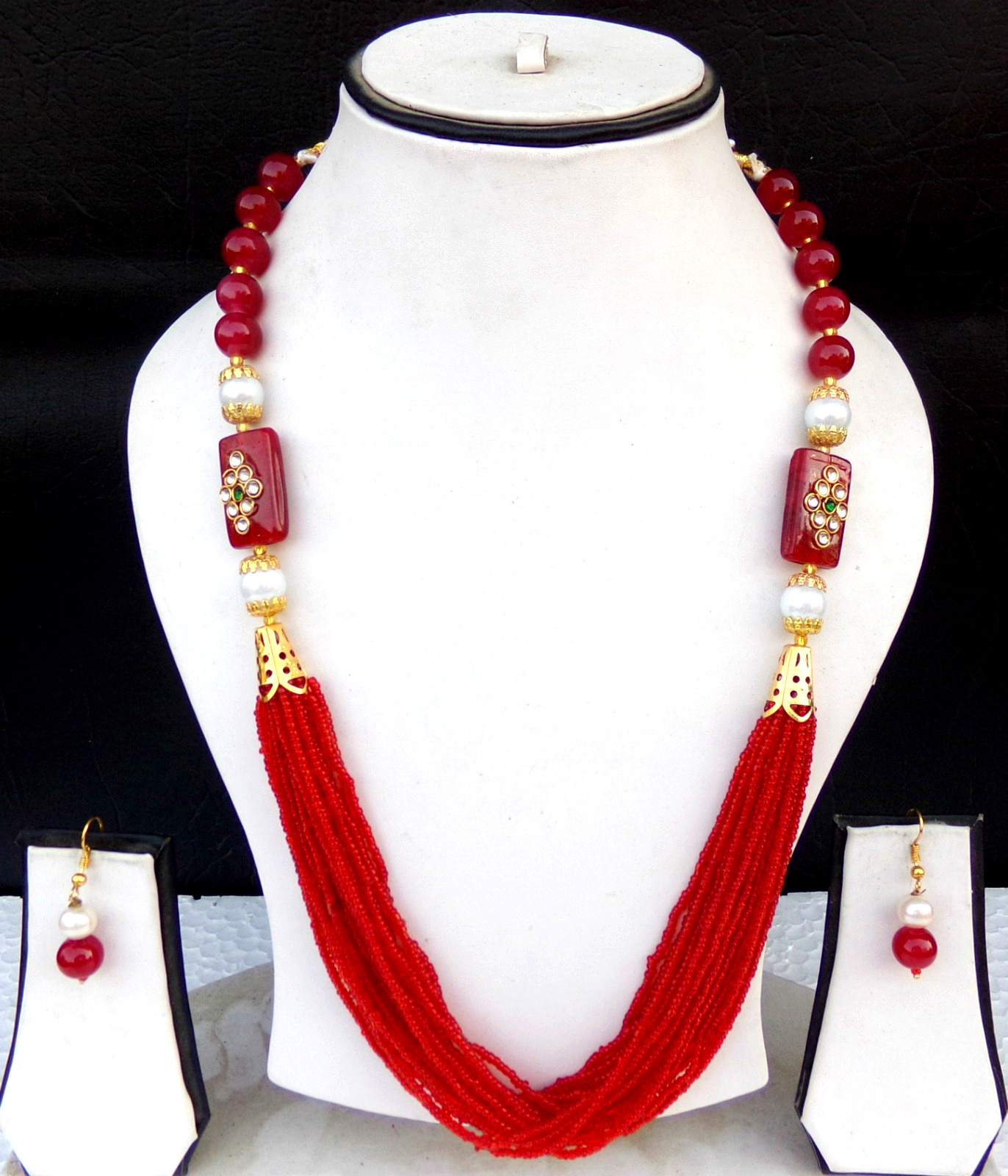 Indian Bollywood Gold Plated Pearls Mala Beaded CZ Necklace Earrings Jewelry Set