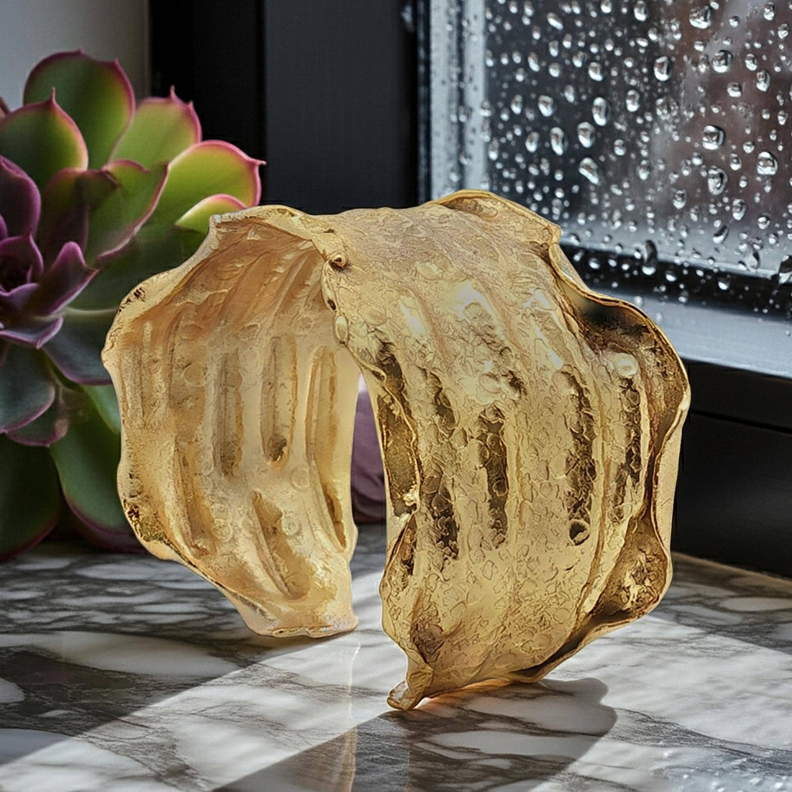 24K Gold Overlay Cuff Copper Base Torn Edge Crinkled Design Statement