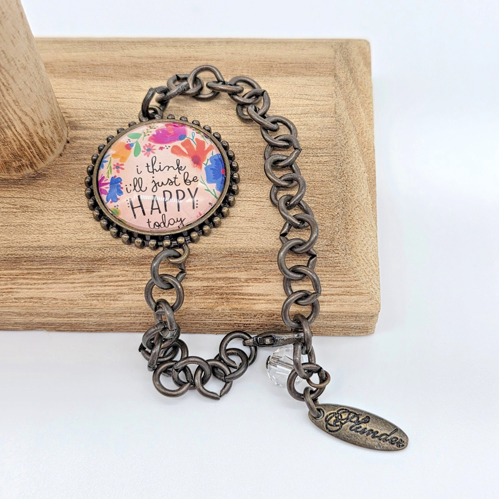 Plunder I Think I’ll Just Be Happy Today Floral Cabochon Bronze Bracelet 8”