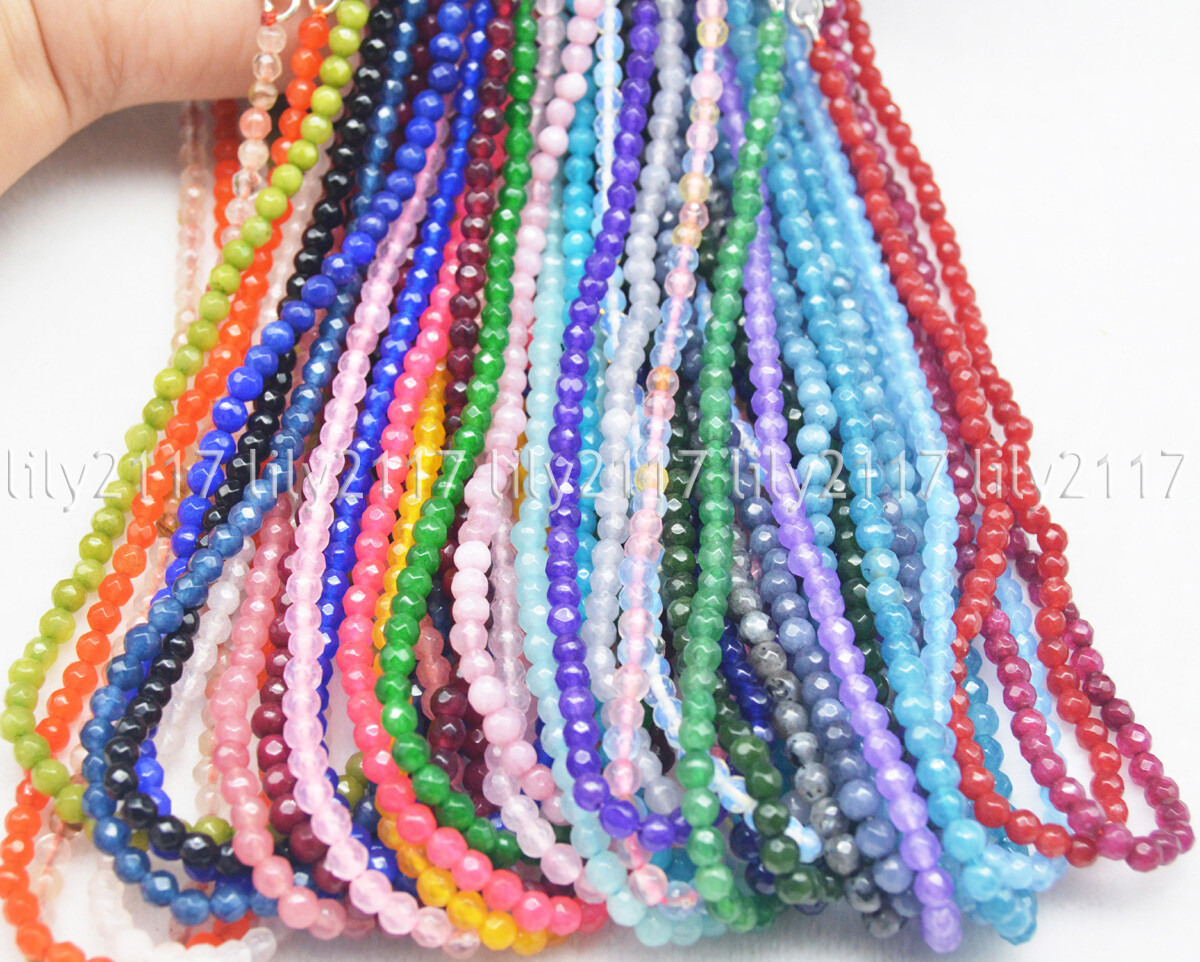 Lots 4mm Natural Multicolor Gems Faceted Round Beads Necklaces Silver Clasp 18″