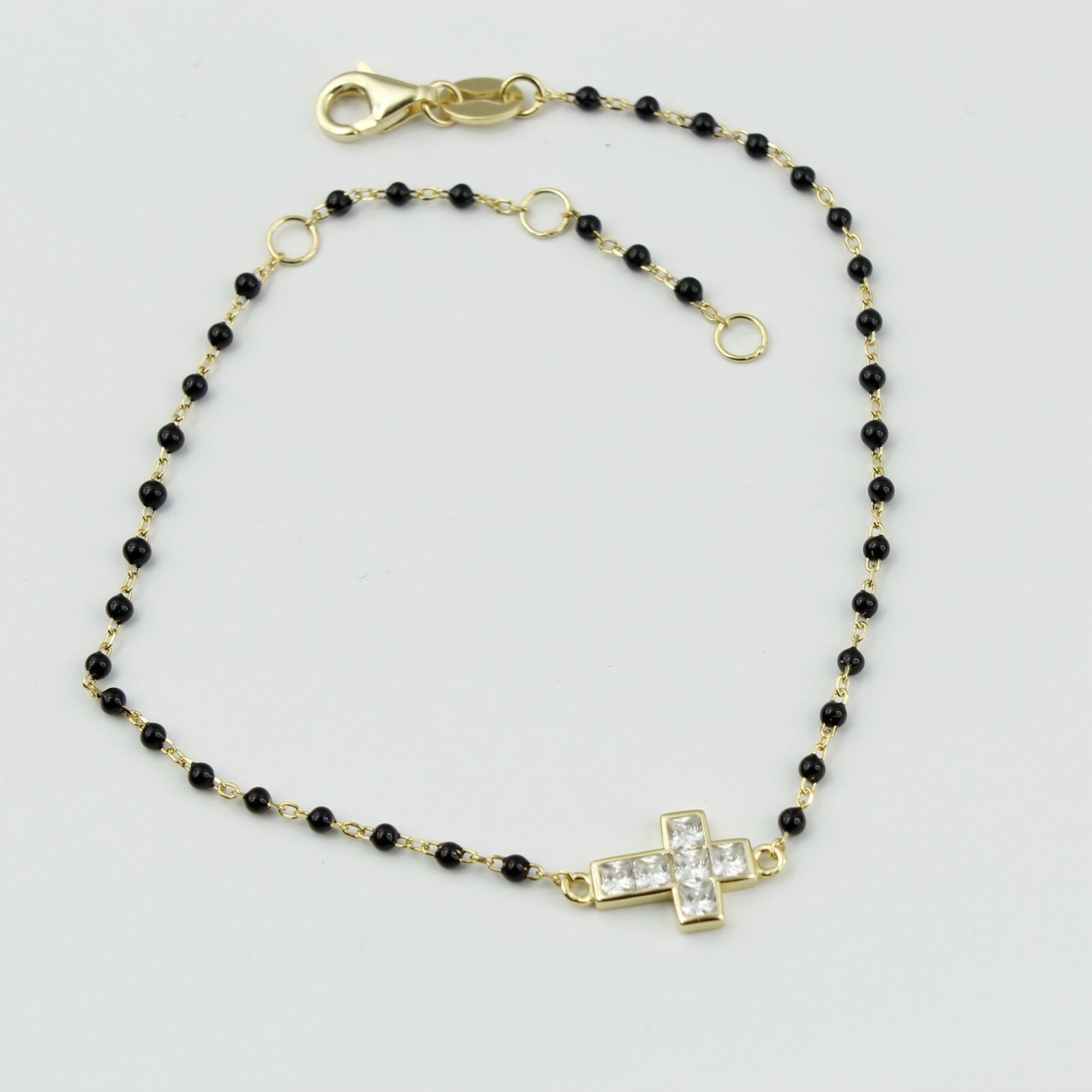 Women 925 Sterling Silver Bohemia Beaded Gold CZ Cross Religious Bracelet 6-7.8″