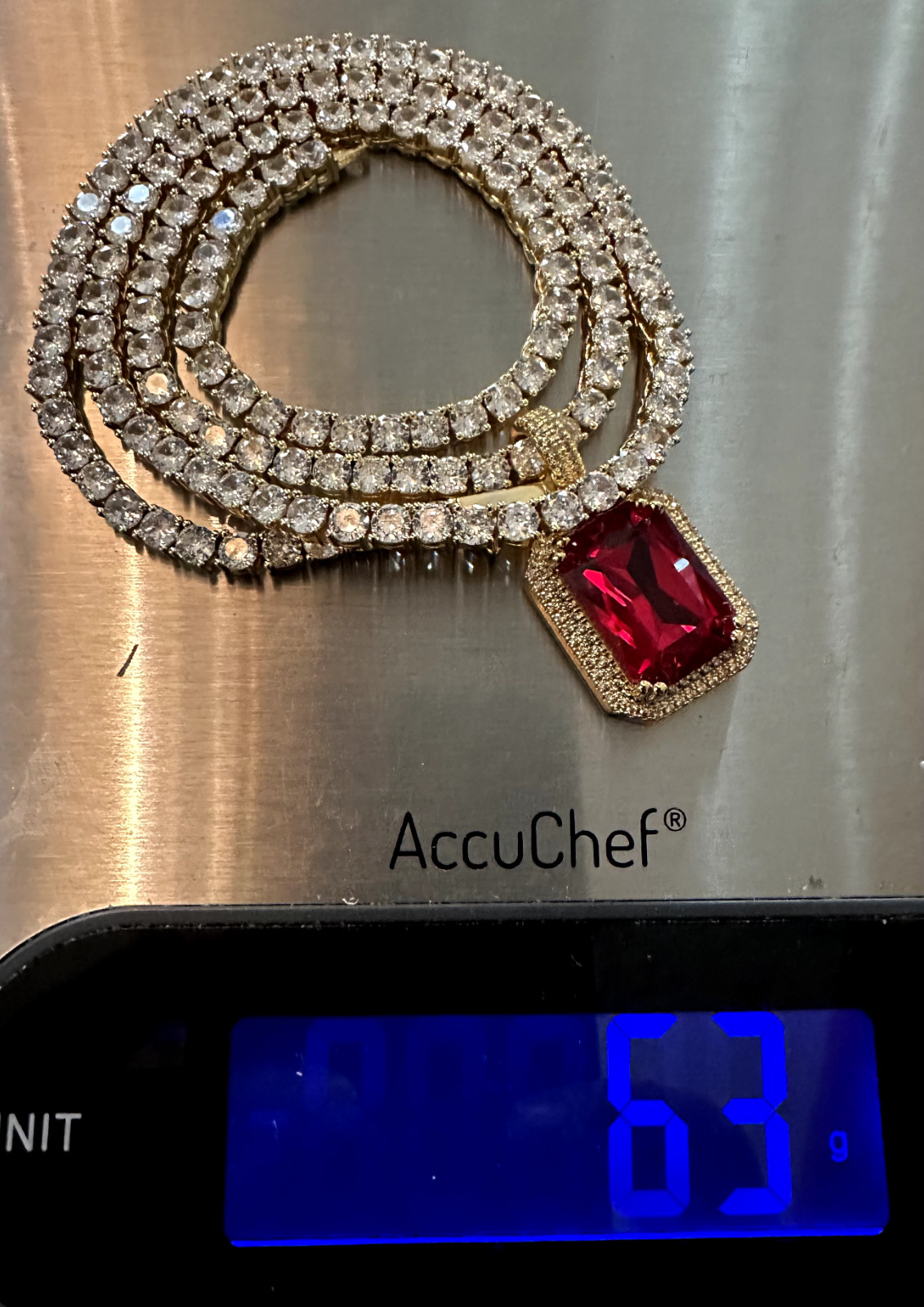 RED RUBY Sapphire Pendant Tennis 75.8ct Lab Sim Gem Diamond Chain Necklace GOLD