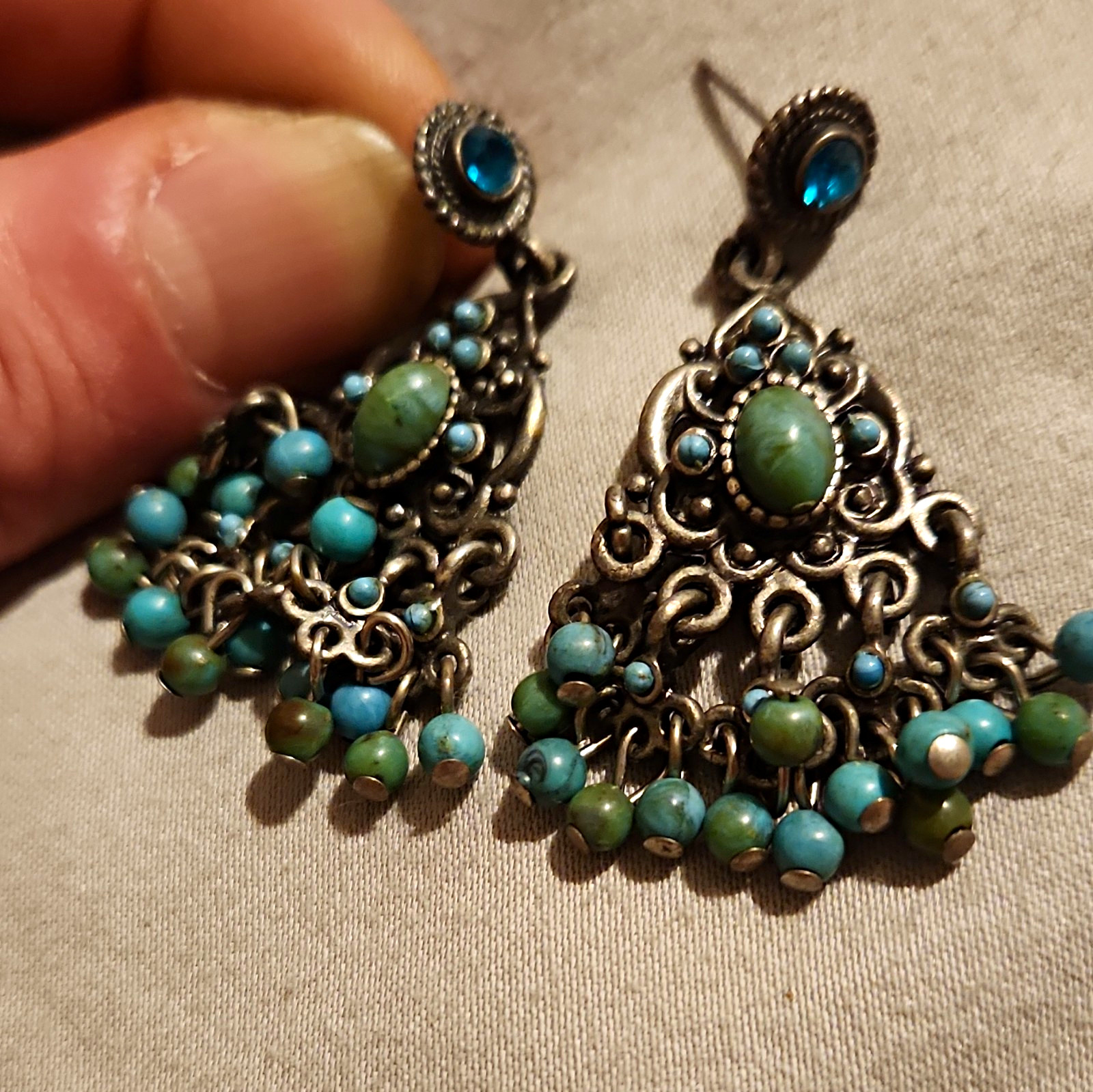 Boho Antique Silver Tone Faux Turquoise Blue Rhinestone Drop Pierced Earrings
