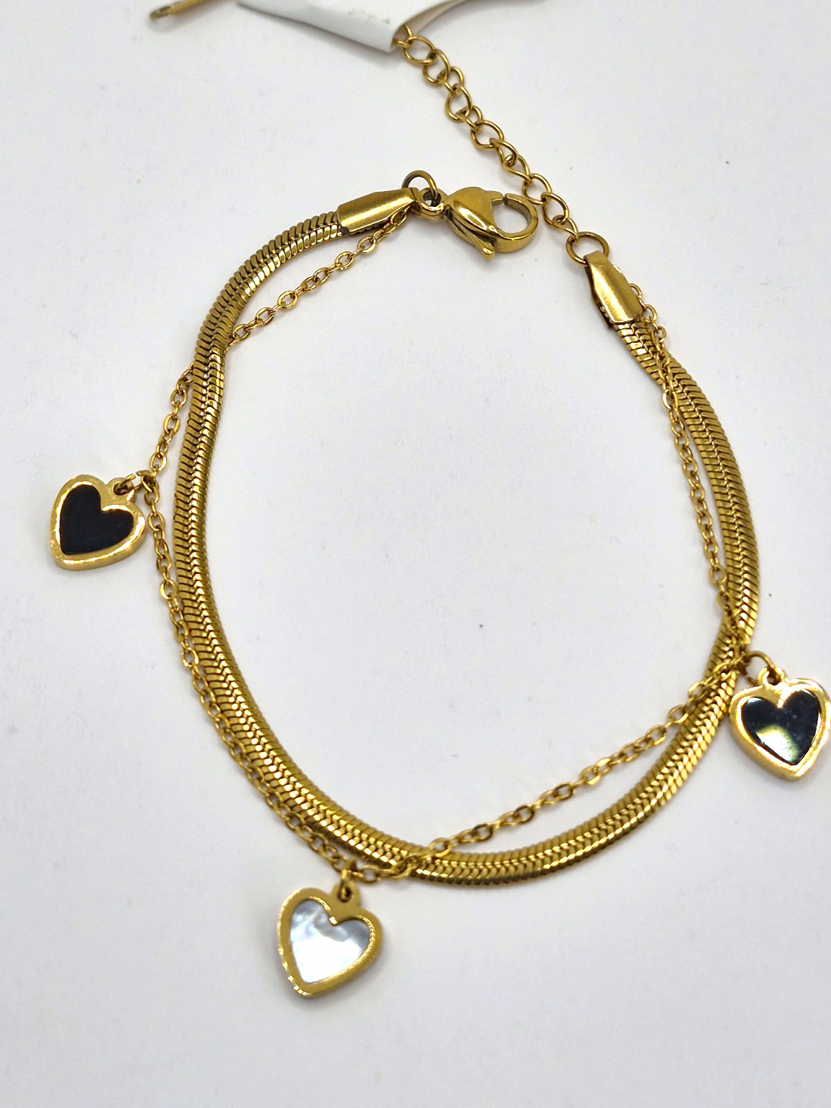 Gold Tone Double Snake Chain Charm Bracelet Black & White Heart Dangle