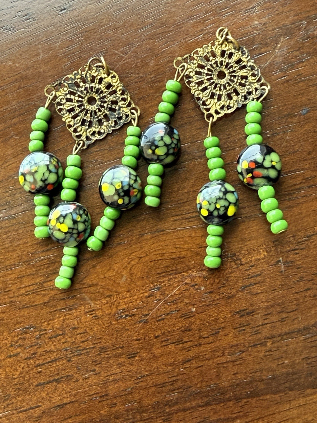 1970 Vintage Drop Earring Handcrafted with Murano Glass Confetti Style Art Beads