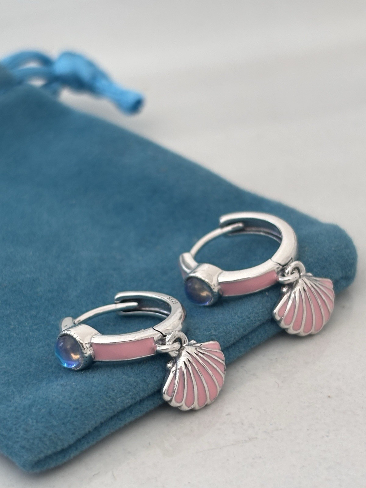 Sterling Silver Hoop Earrings Pink Shell Blue Stone Dangle Beach Gift For Her Uk