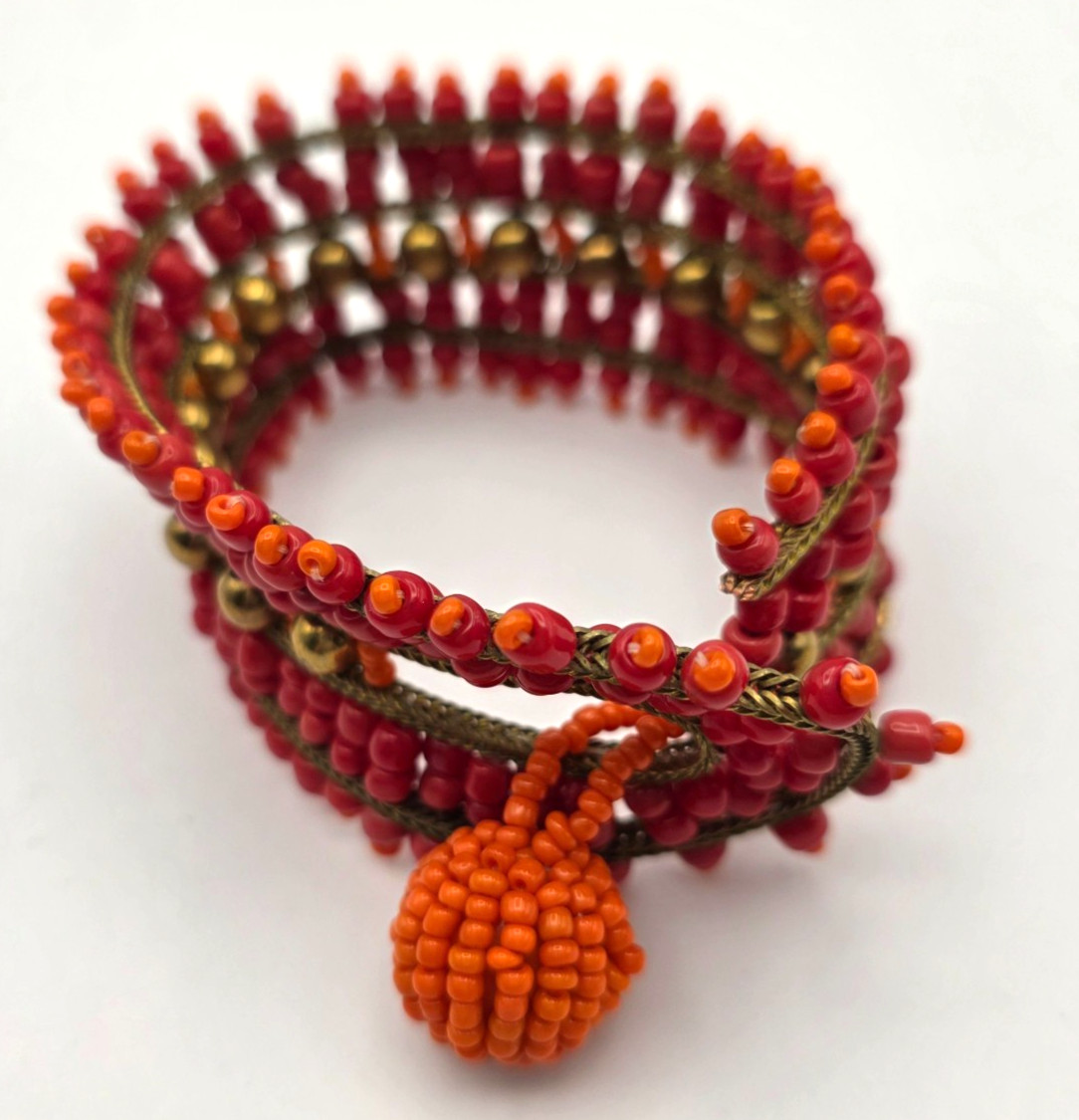 Beaded Wrap Cuff Bracelet Red Orange Gold Seed Bead Boho Statement Wide 7.25″