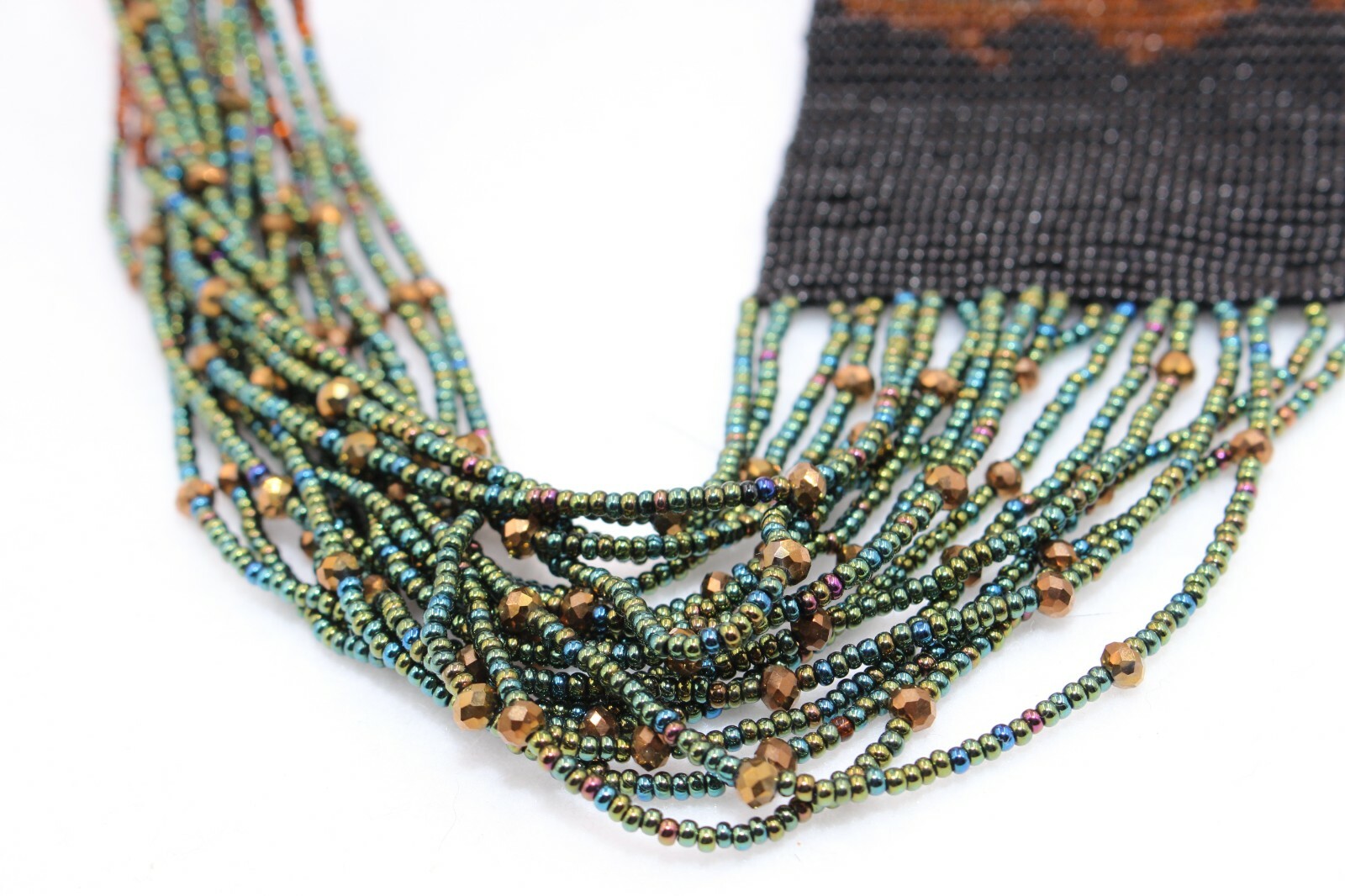Mona Lisa Woven Glass Hand Beaded Multi-Strand Necklace Magnetic Clasp 34″ NEW
