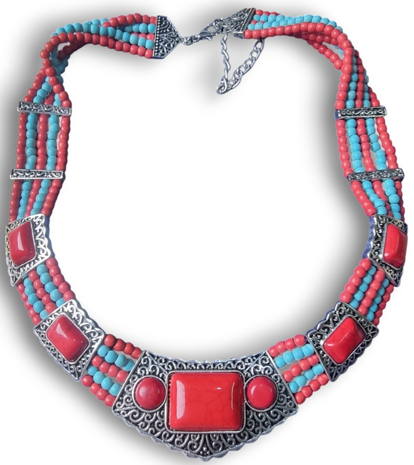 Boho Multi Strand Beaded Statement Necklace Silver Tone Red Faux Turquoise