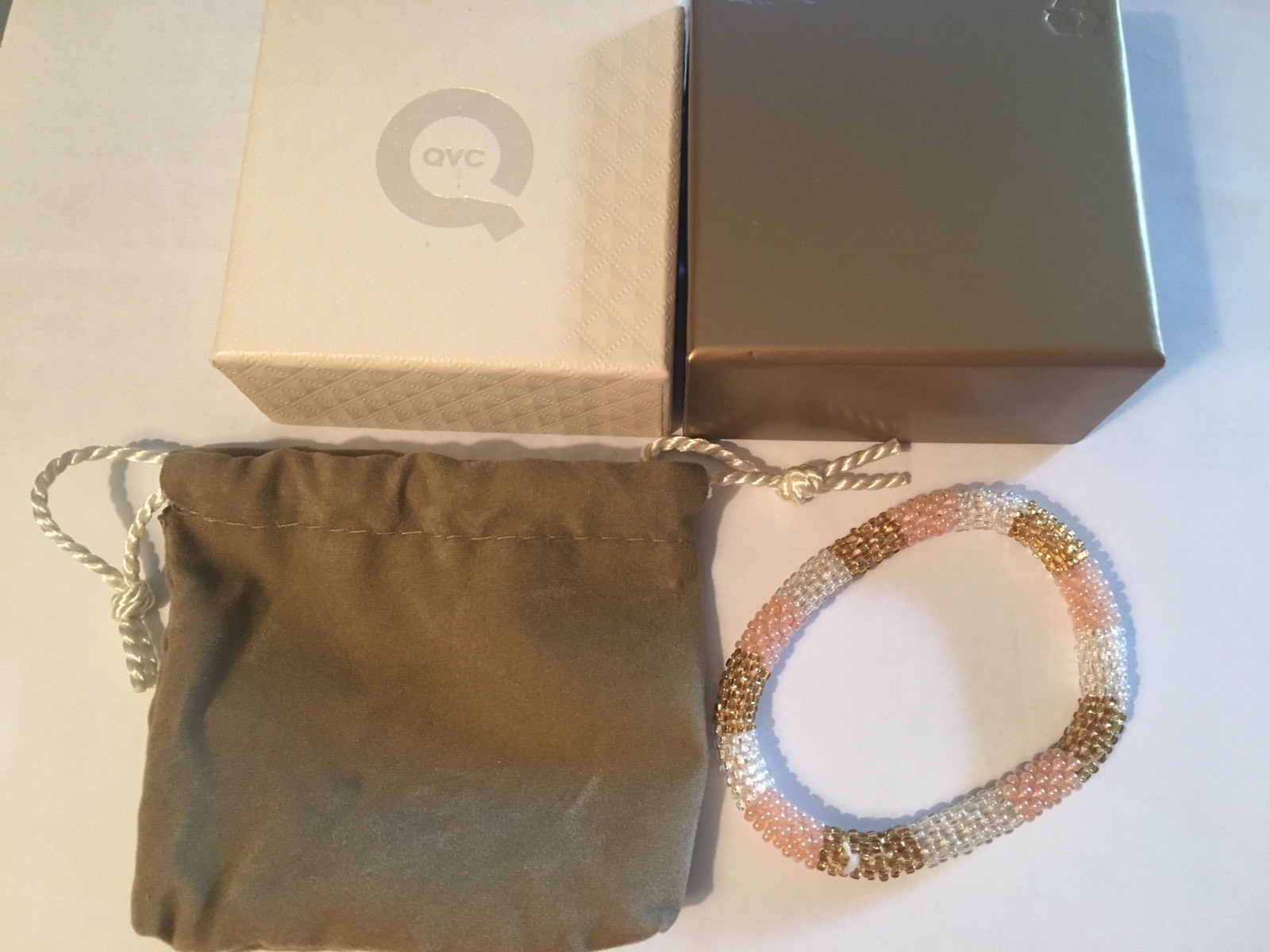 QVC GOLD PINK WHITE BEADS BRAIDED BEAD 6-3/4″ BRACELET QVC