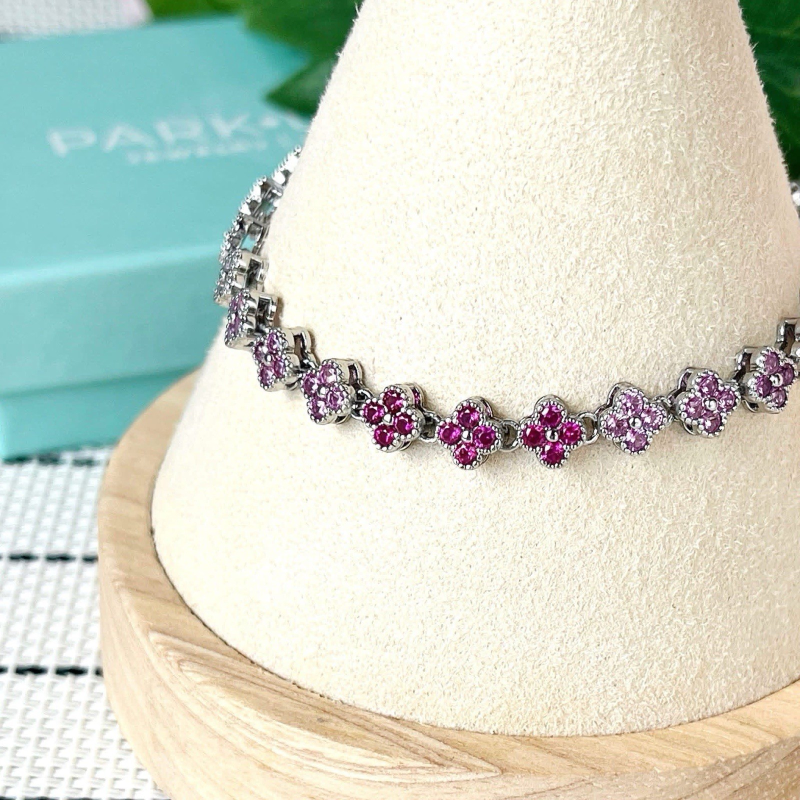 Park Lane PEONY Pink Ombré Micro CZ Quatrefoils 5mm Silver Tennis Bracelet