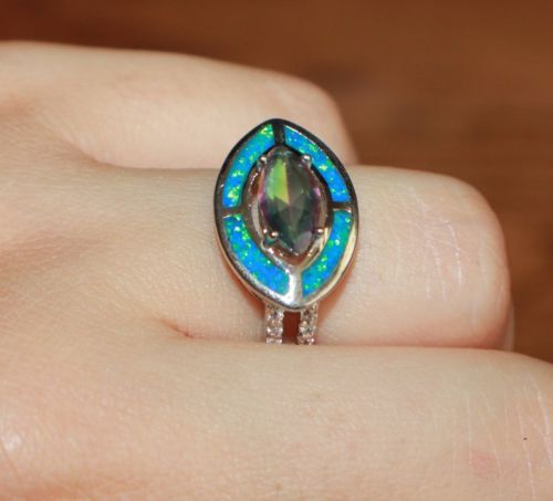 fire opal Cz topaz ring gems silver jewelry 6.75 7.75 wedding engagement evening